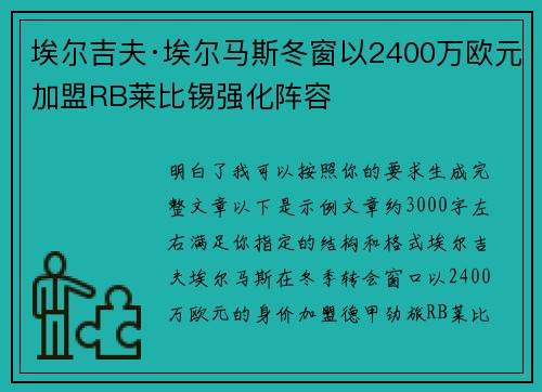 埃尔吉夫·埃尔马斯冬窗以2400万欧元加盟RB莱比锡强化阵容