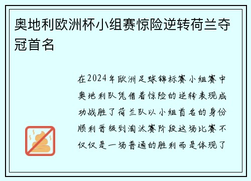 奥地利欧洲杯小组赛惊险逆转荷兰夺冠首名 奥地利欧洲杯小组赛惊险逆转荷兰夺冠首名